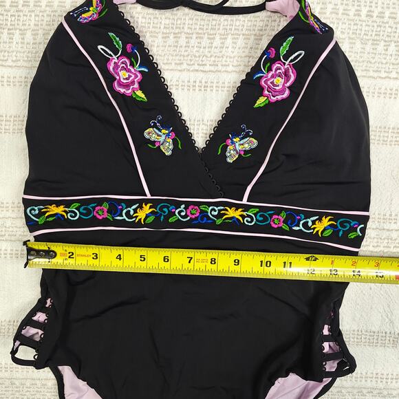 Nanette Lepore Embroidered Black One Piece Swimsuit Size 12 Tassel Detail NEW - Picture 3 of 5